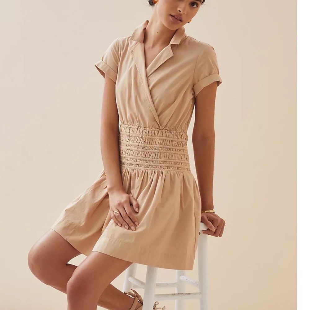 Anthropologie Smocked Surplice Mini Dress‎ Sand Size Large Cotton Summer